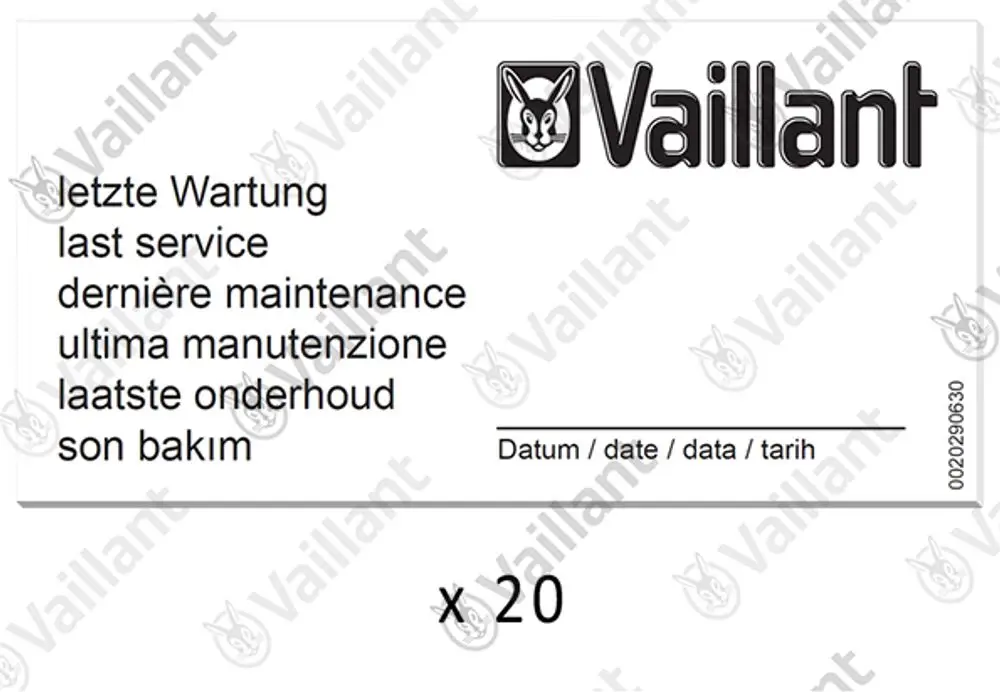 Wartungsaufkleber von Vaillant mit mehrsprachigen Hinweisen zur letzten Wartung. Platz für Datum und Identifikationsnummer. 20 Stück in der Packung.
